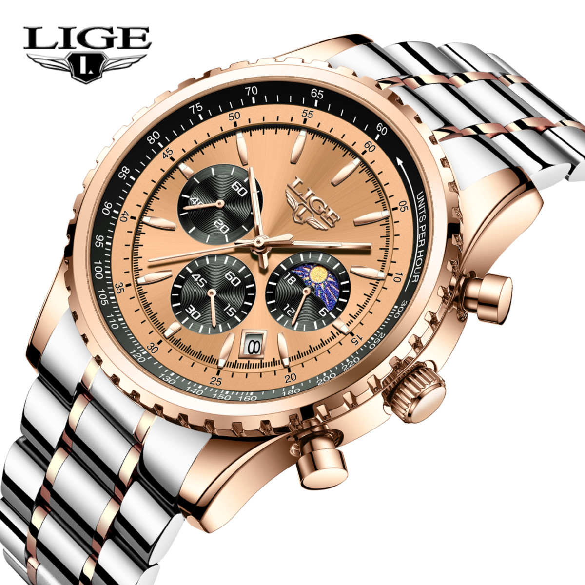 LIGE Men Watch Quartz Date Moon Phase Chronograph 3ATM Waterproof Man Wristwatch