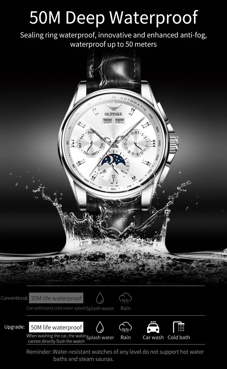 Automatic Mechanical Watch Waterproof Moon Phase Luxury Dial Men Men’s Strap