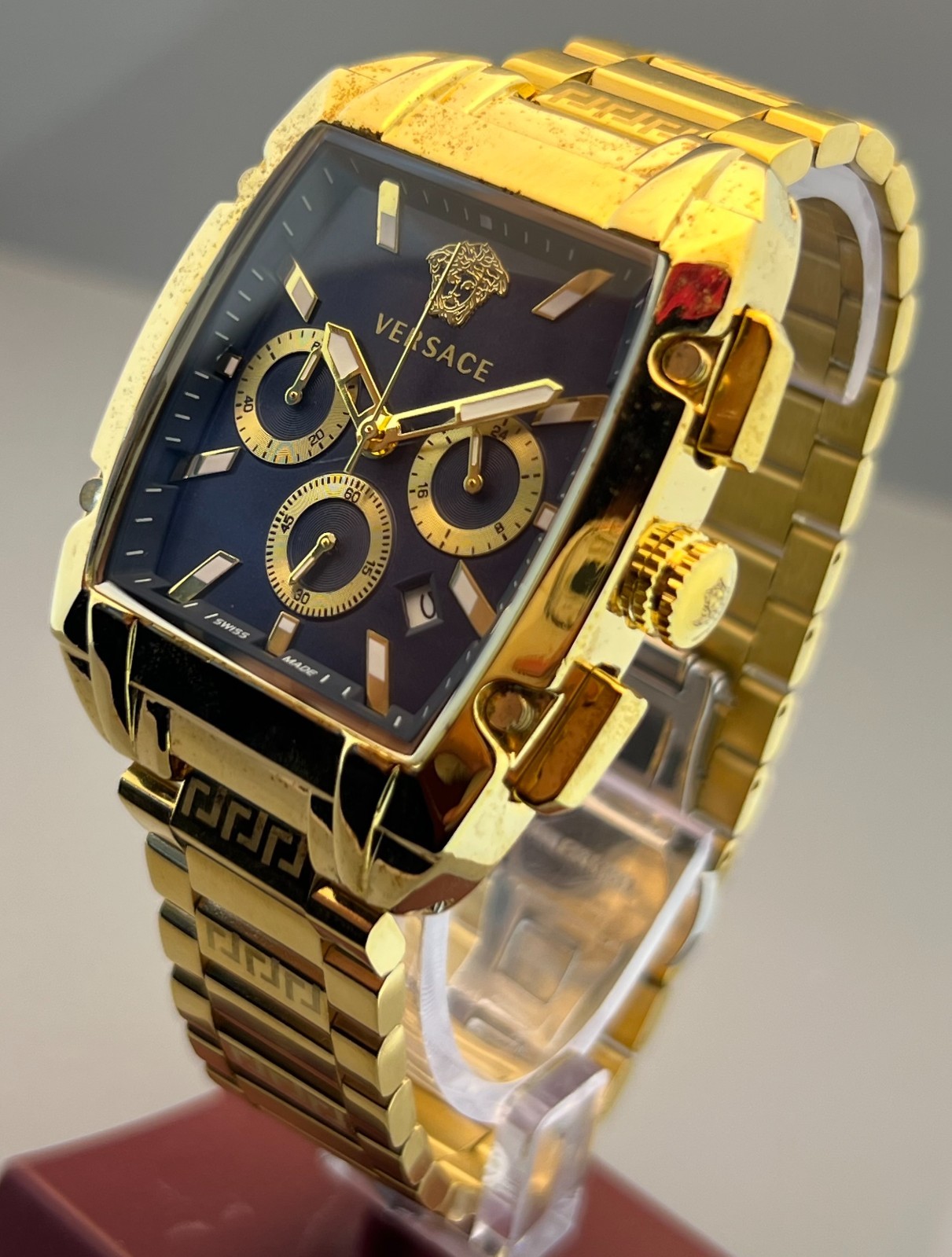 Vintage Men’s Versace Dominus Chrono Quartz Blue Dial Gold-Plated Wristwatch