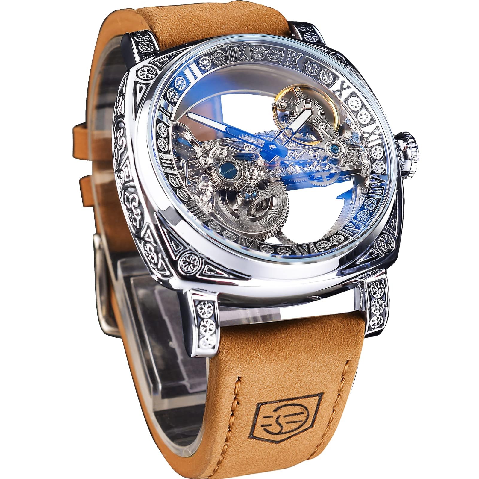 Men’s Luxury Square Carving Mechanical Watch, Retro Totem Double Sided Hollow…