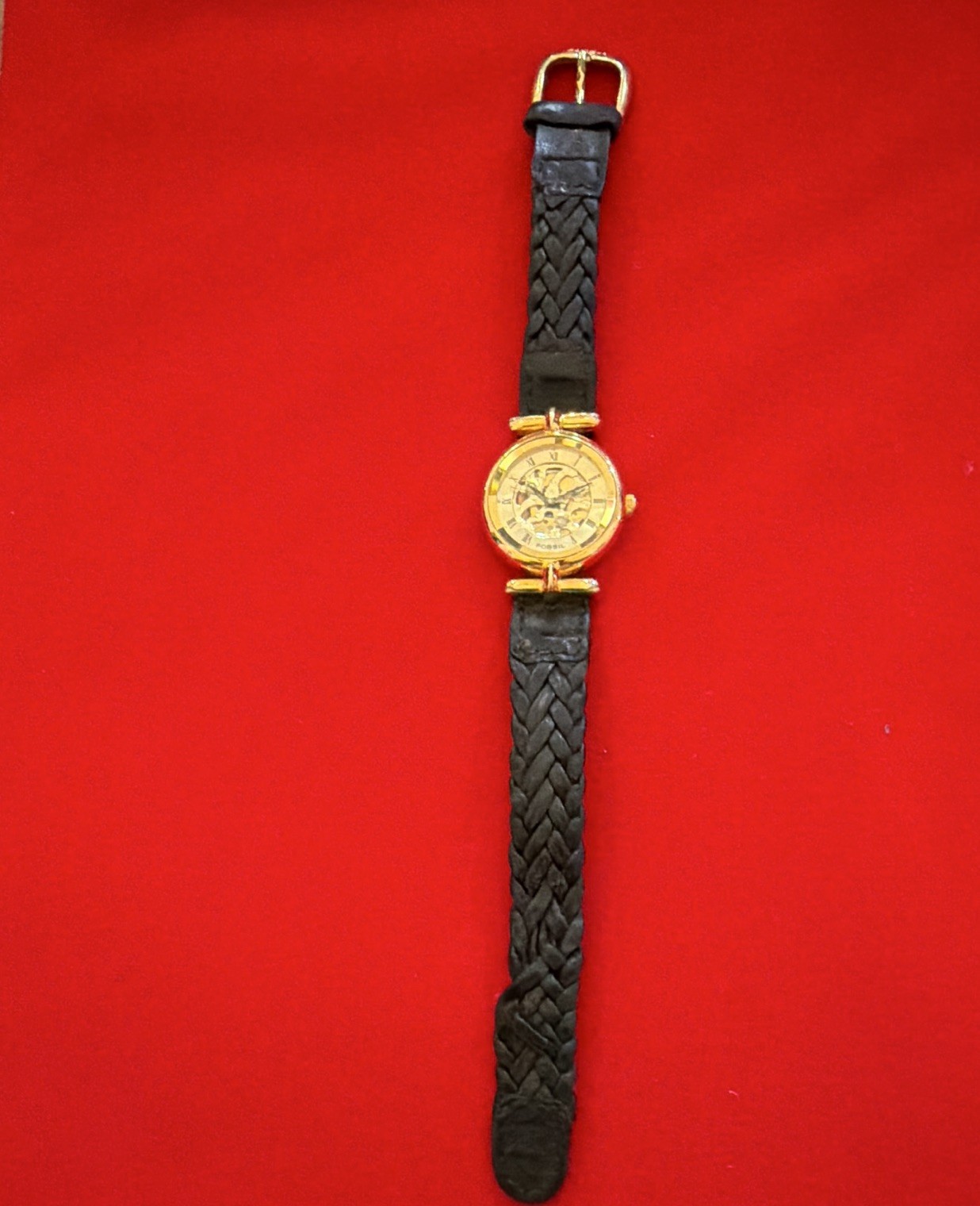 Fossil Skeleton Automatic Analog Watch Gold Tone Dial Case Black Braided Strap