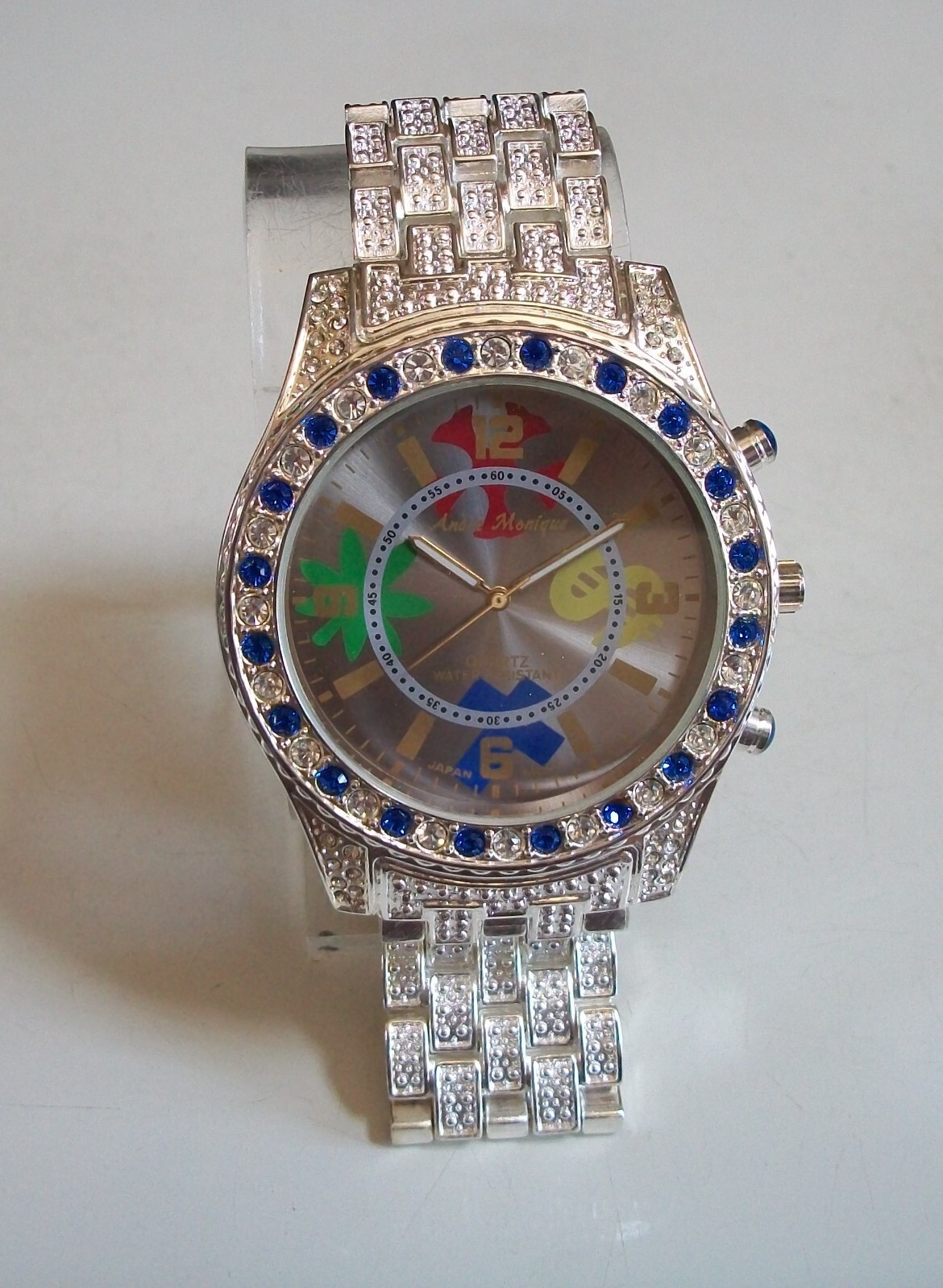 Men’s clear & blue stones silver finish dressy fashion watch