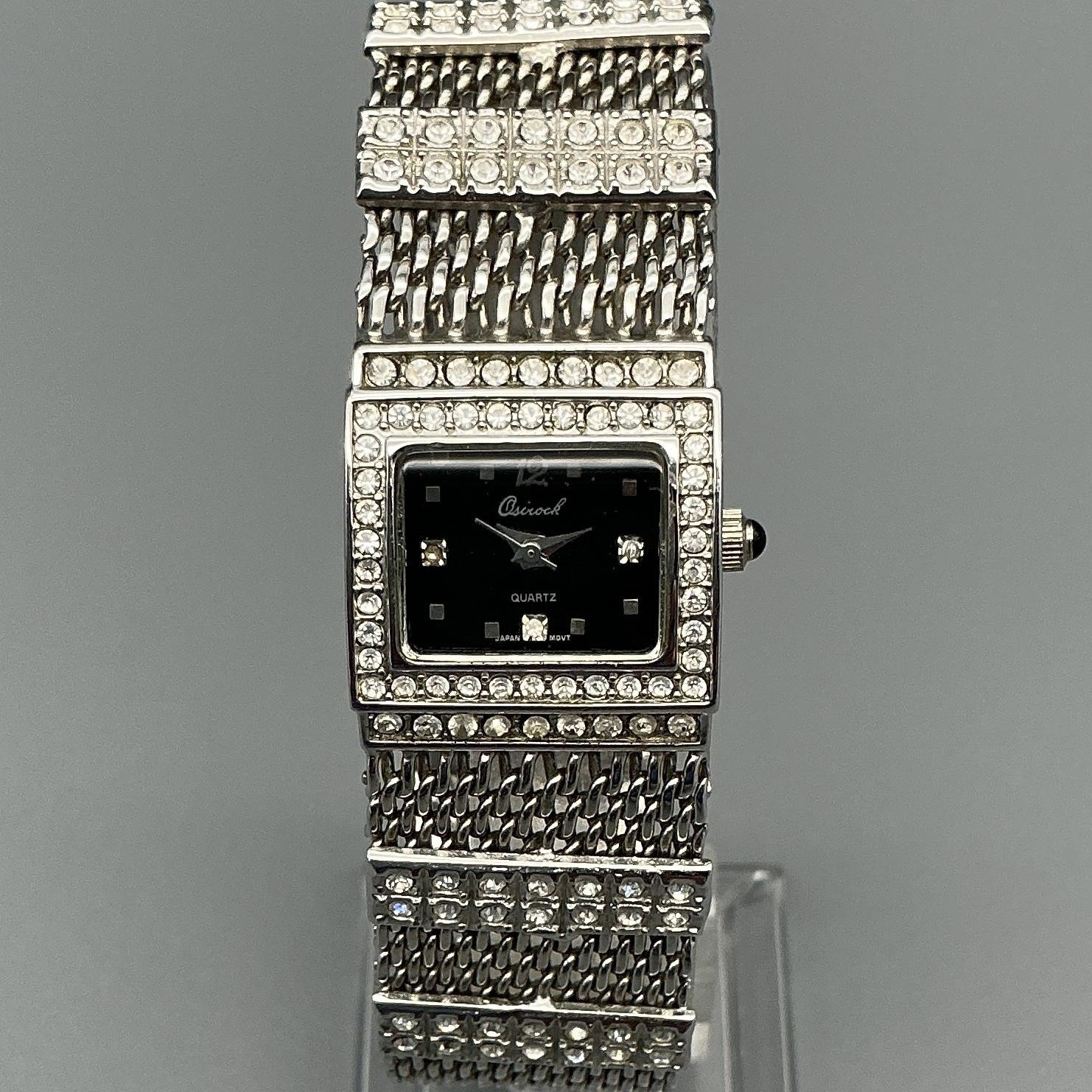 Oiwach Womens Watch 21mm Black Dial Silver Tone Crystal Mesh New Battery 7″
