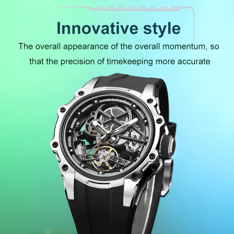 MEGIR Skeleton Automatic Mechanical Men’s Sports Watch 3ATM Luminous Silicone