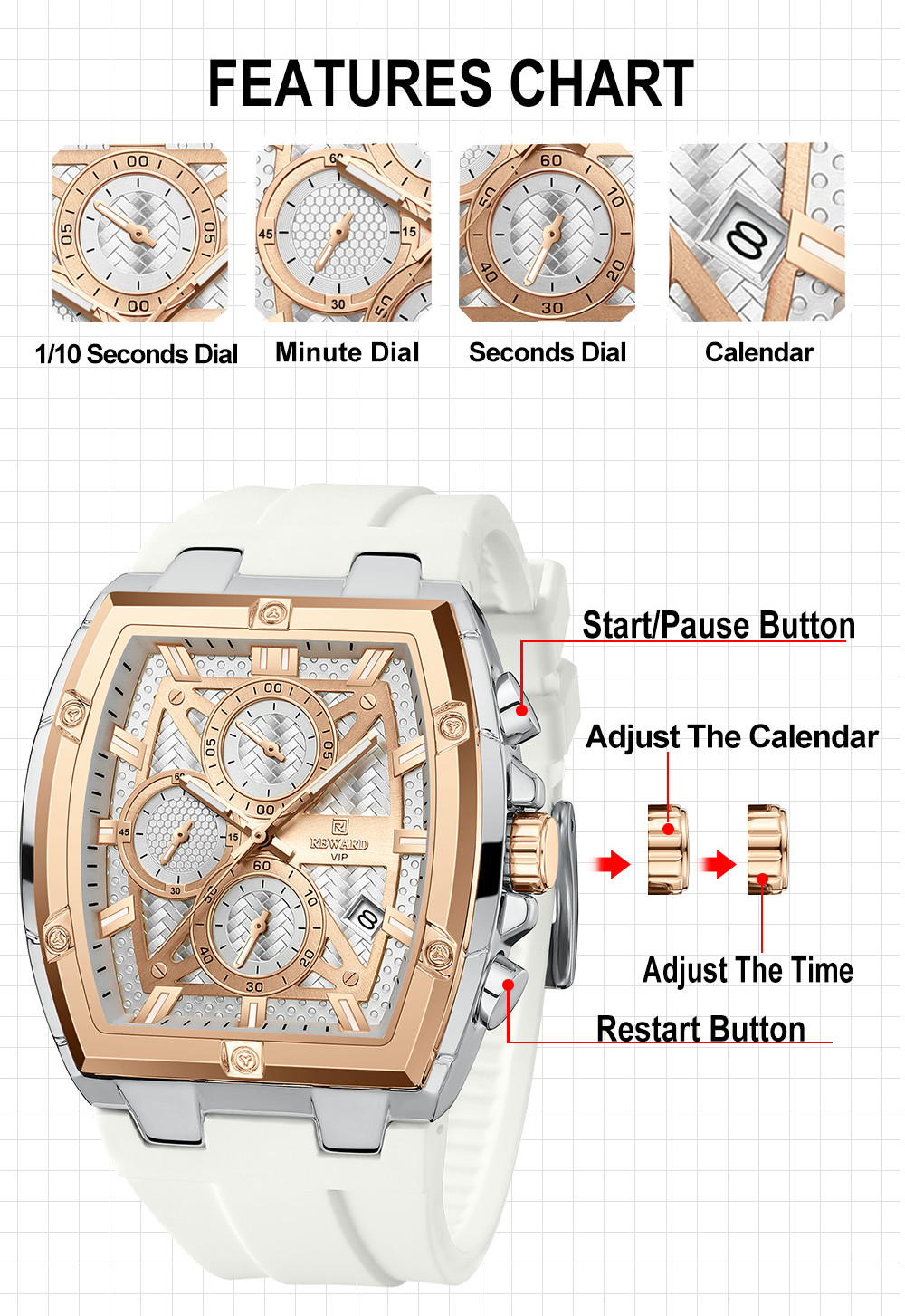 REWARD Men’s Tonneau Multifunction Chronograph Luminous Calendar Quartz Watch