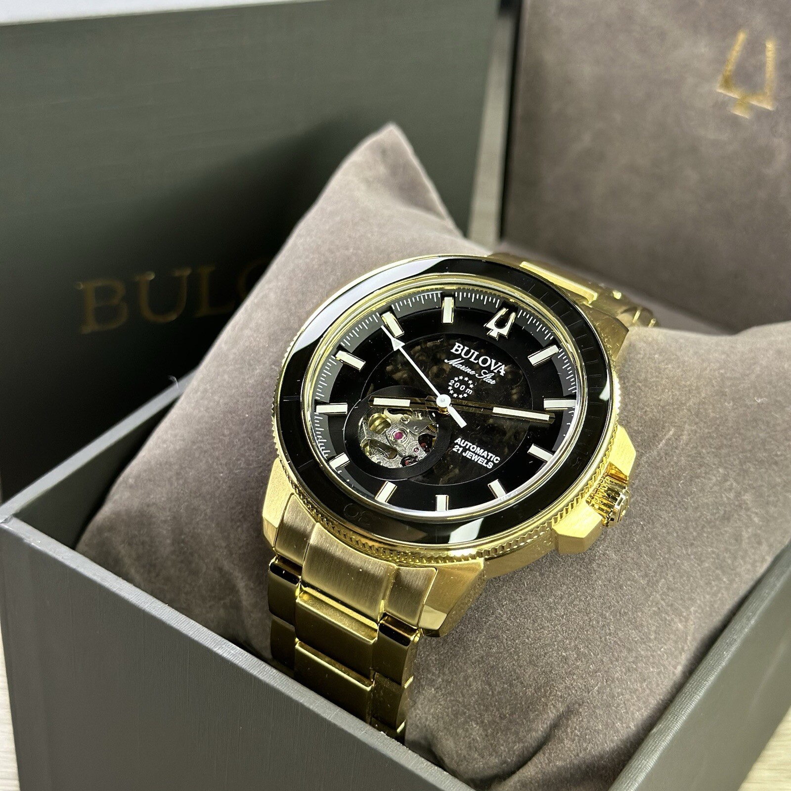 NEW✅AUTOMATIC✅ Bulova Marine Star Gold Tone Black Dial Skeleton Men Watch 97A174