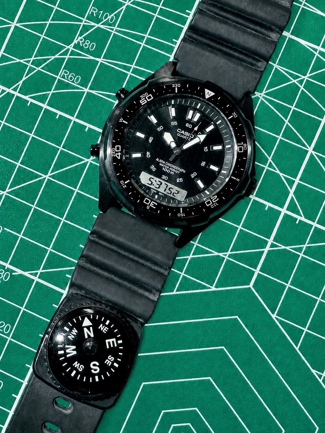 Casio AMW-360 Ana-Digi Chronograph Watch 5153 100M Black w/ Compass