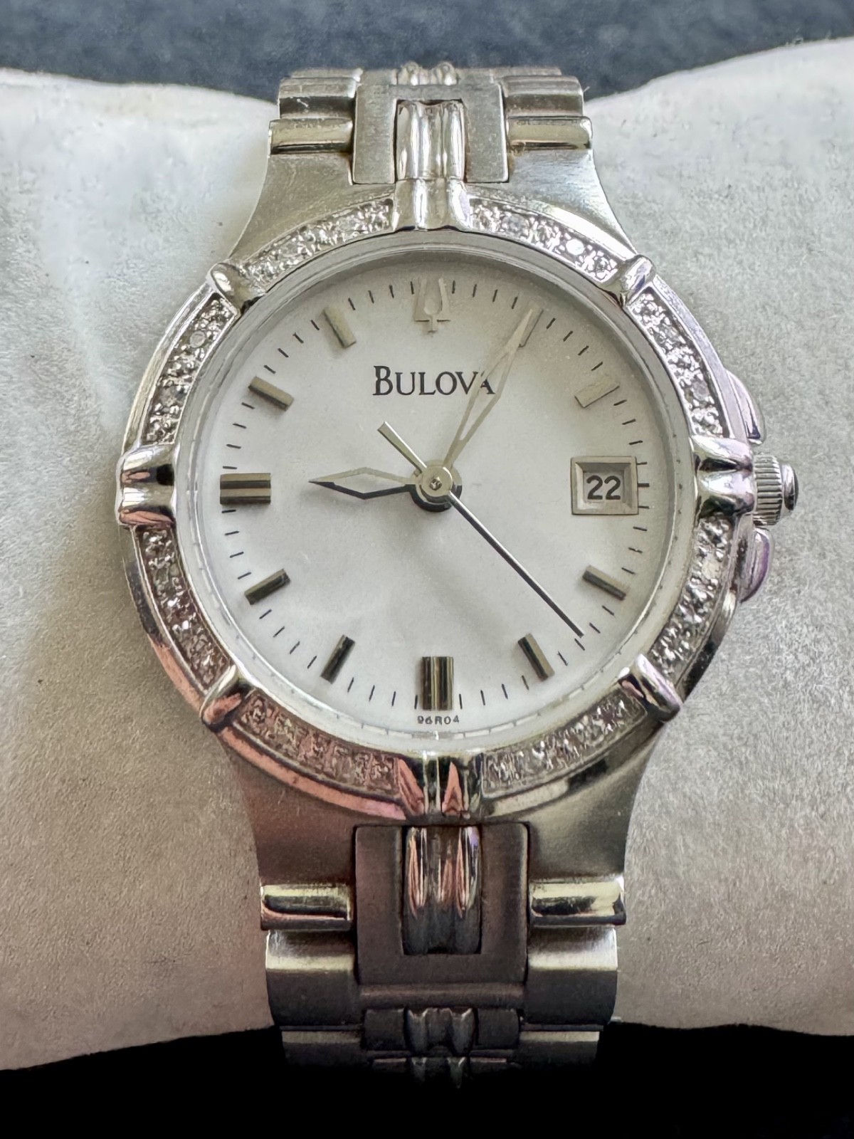 Bulova 96R04 Women’s Diamond Accent Stainless Steel Watch – White Dial 25mm