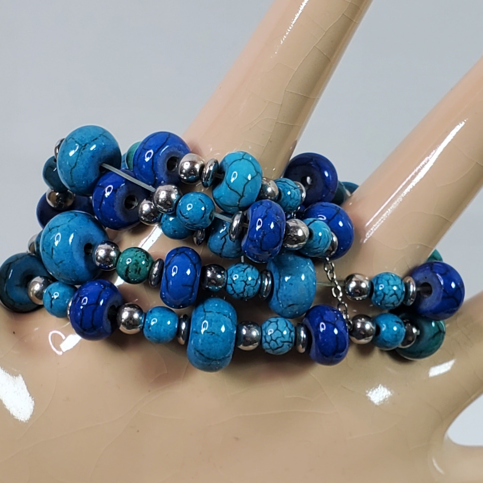 L & J Beaded Statement Wristwatch Multi Strand Blue Green Silver Tone