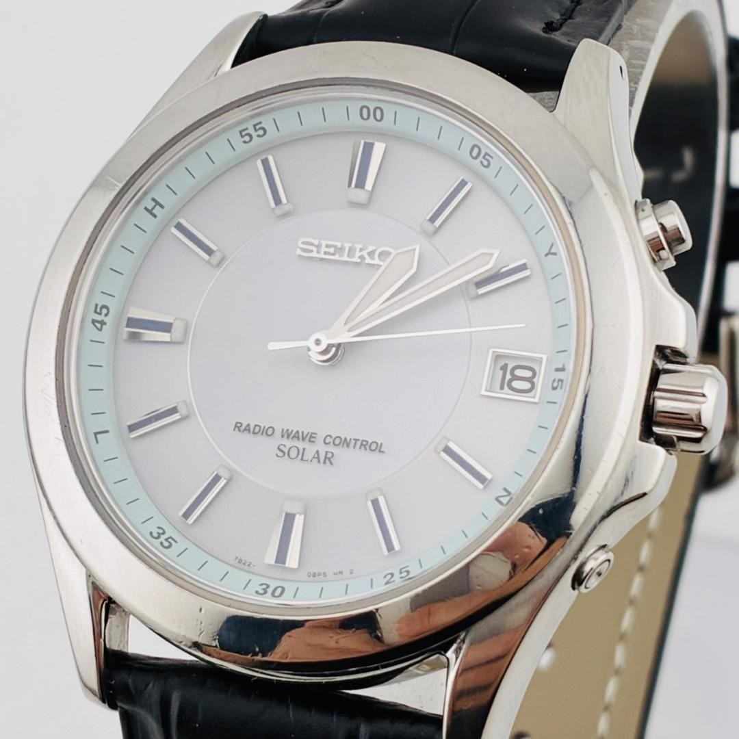 SEIKO 7B22-0AY0 Solar Wave Radio Date Watch Black Dial New Band Working
