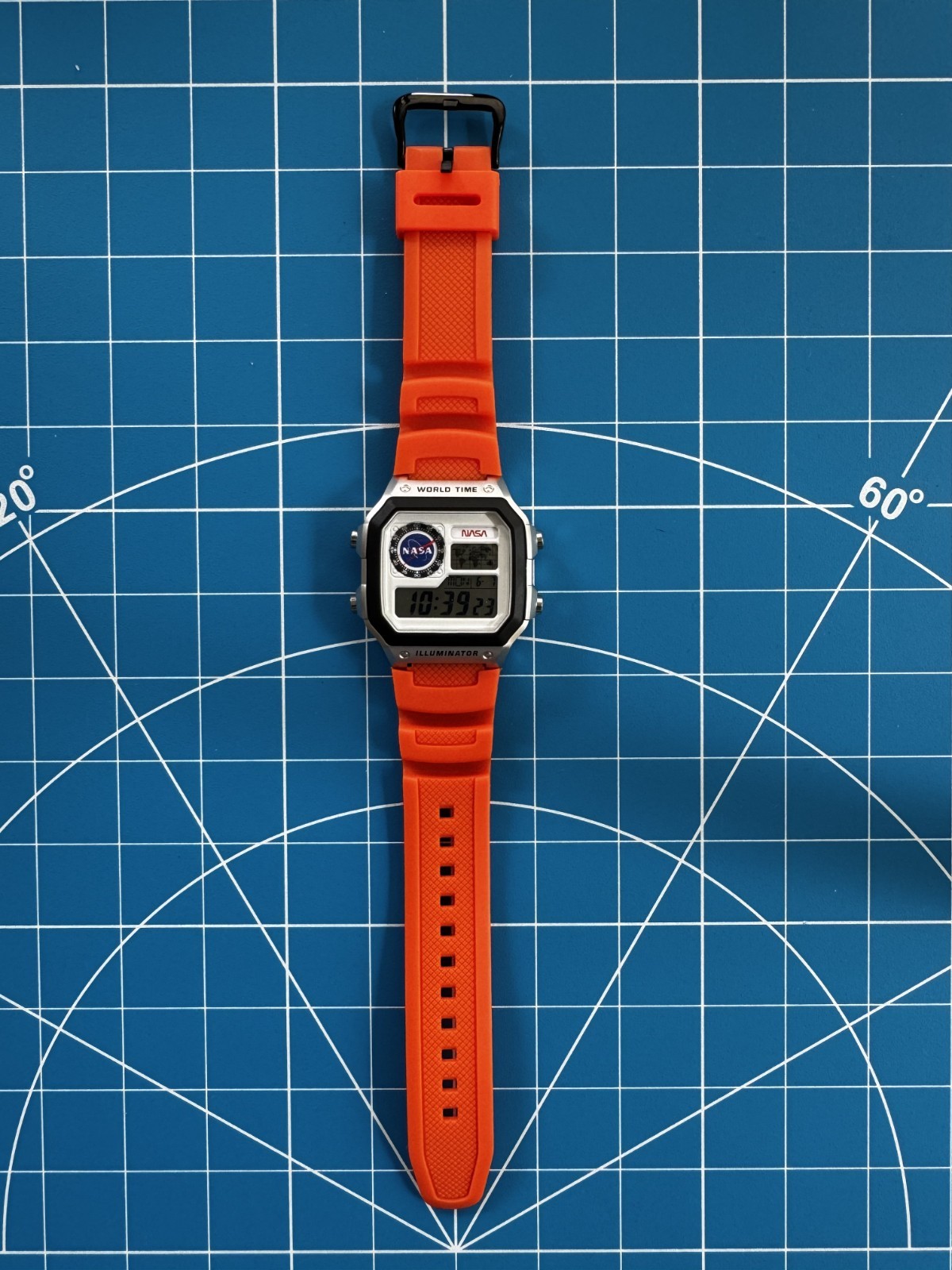 Casio AE1200WHD Royale World Time Watch – Custom NASA Mod – Orange Band – Silver