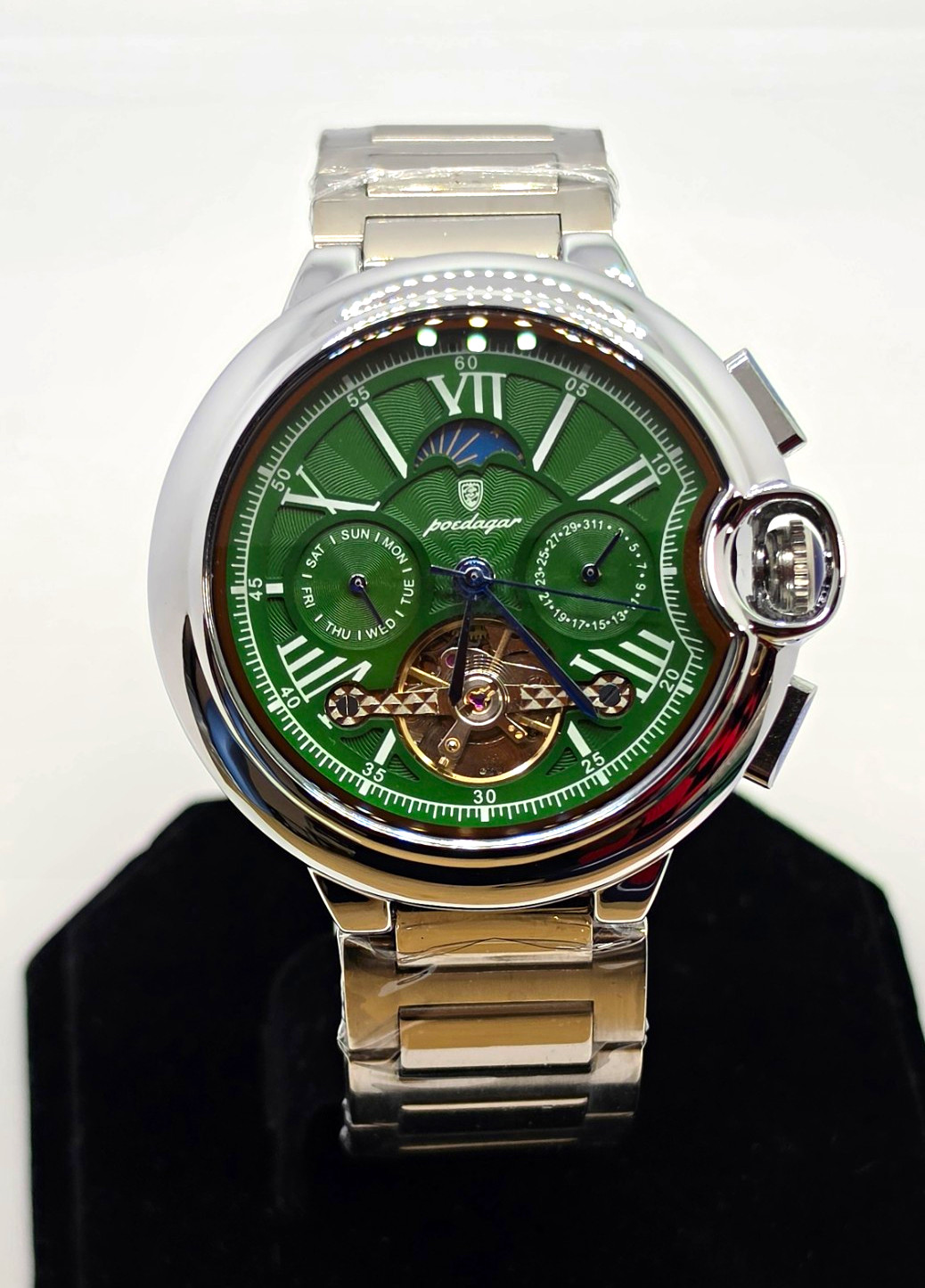 Poedagar Automatic Mechanical Open Heart Green Dial Men’s Watch 48mm New w/ Box