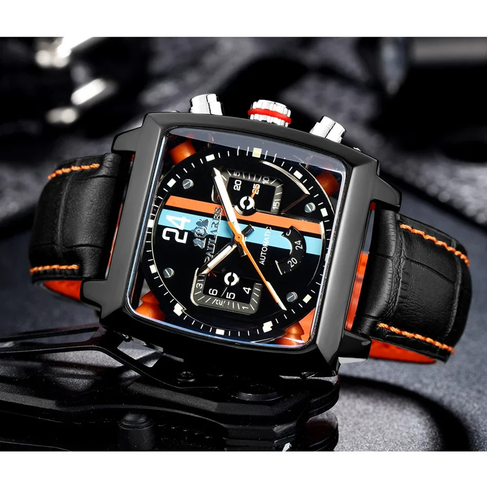 Automatic Watches for Men Mechanical Genuine Leather Stainless Steel Black Orang