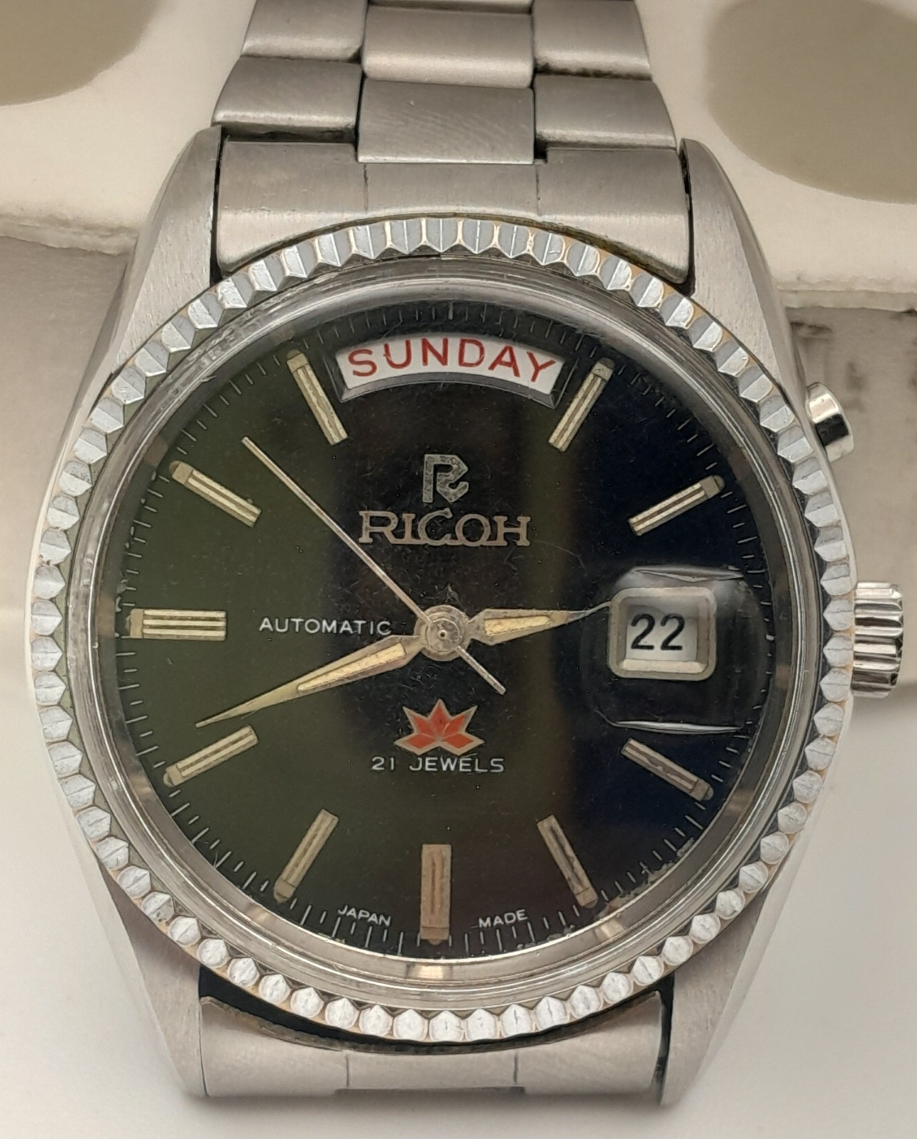 Ricoh 21 Jewels Automatic Day Date Men’s Vintage Japan Made Black Dial Wrist Wat