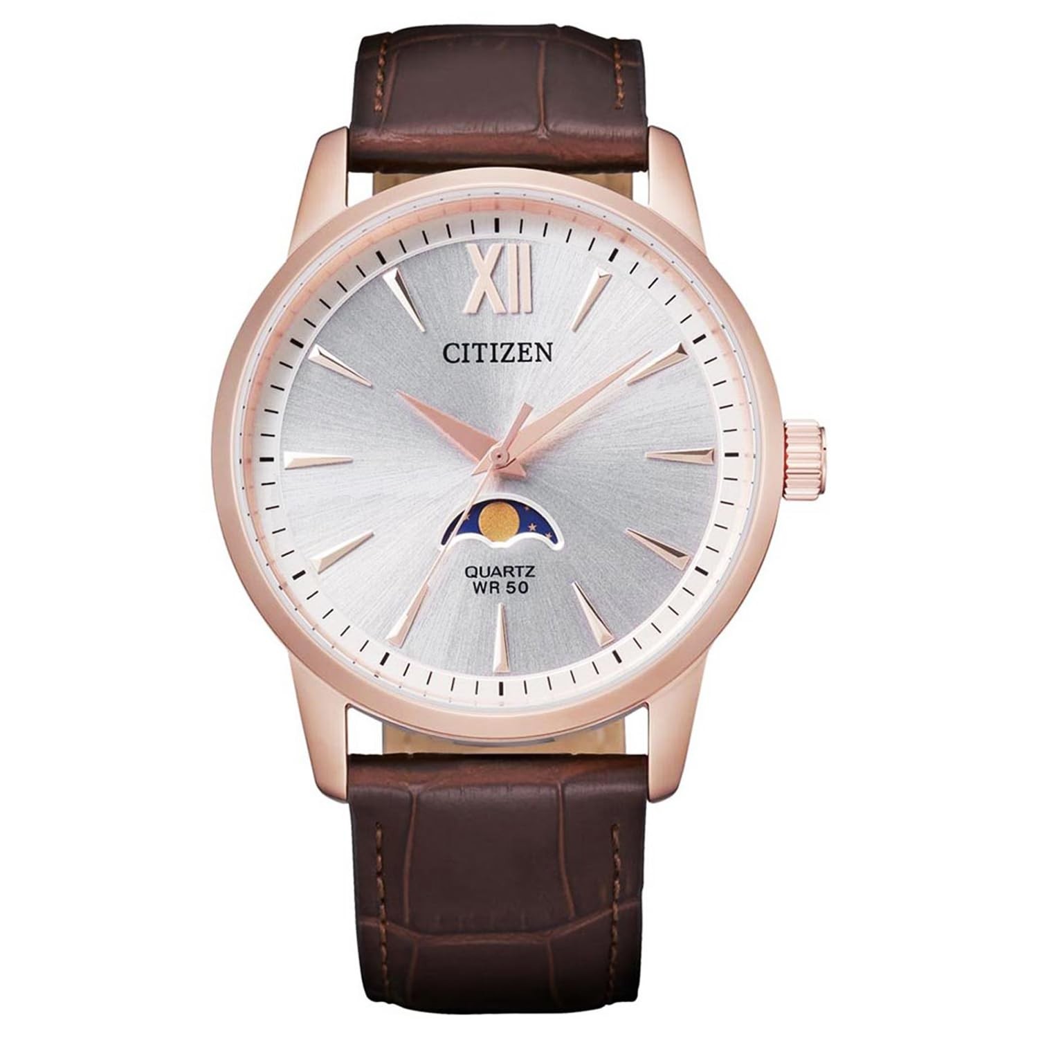 CITIZEN 50M waterproof Moon Phase Leather Belt AK5003-05A brown gold