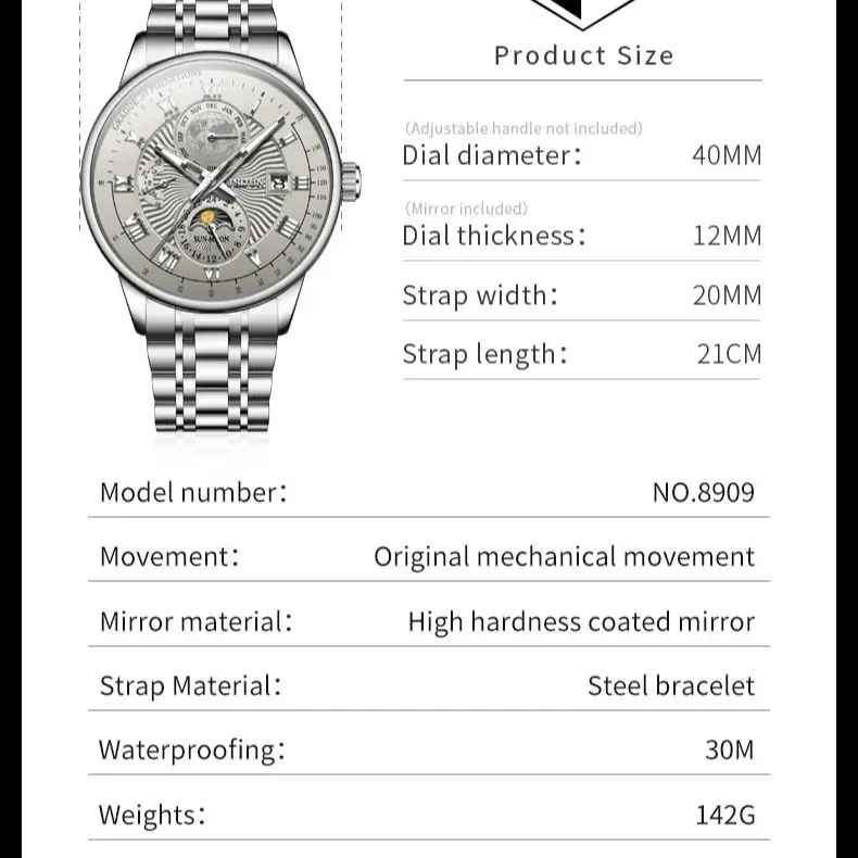 Automatic Mechanical Waterproof Watch Men’s Moon Phase Luxury Date Men Strap