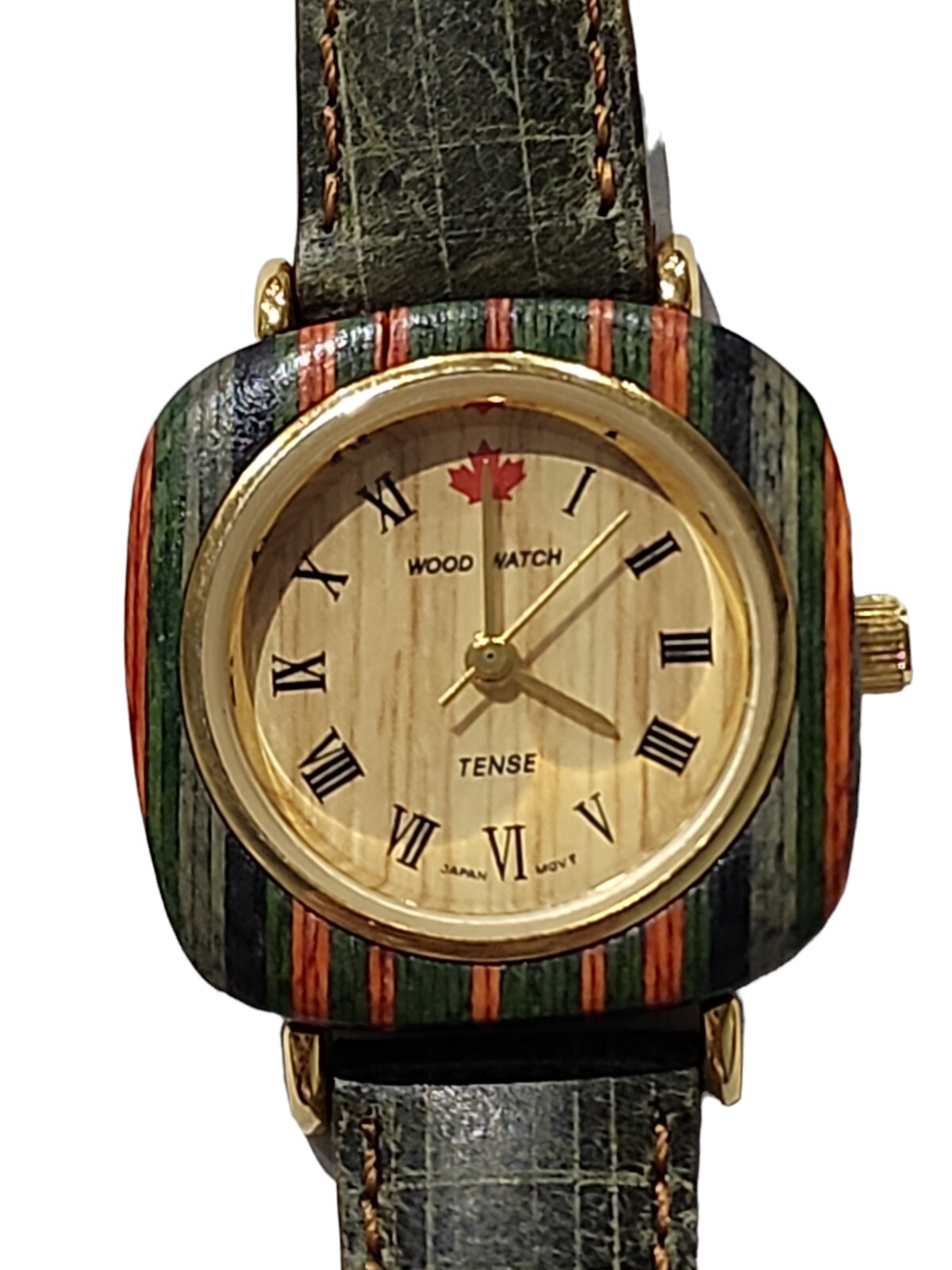 Tense Women’s Wood Watch Leather Band Canada Olive Green Orange Brown Wood Case