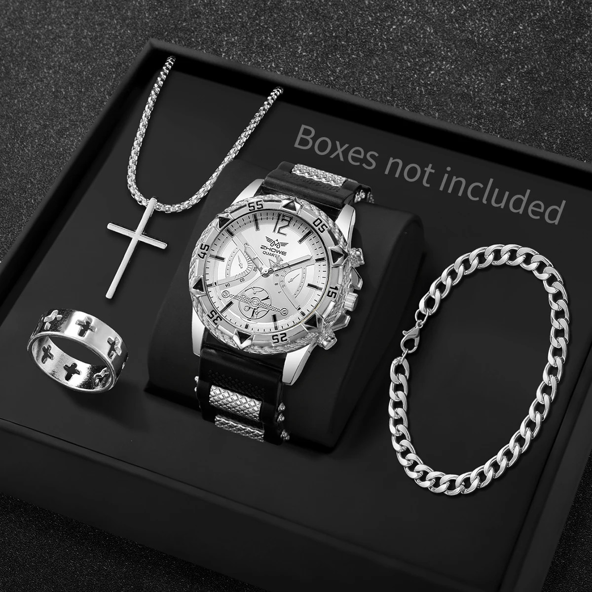 4PCS Fashion Arabic Dial Men Business Quartz Watch Casusilicone Strap Wristwatch