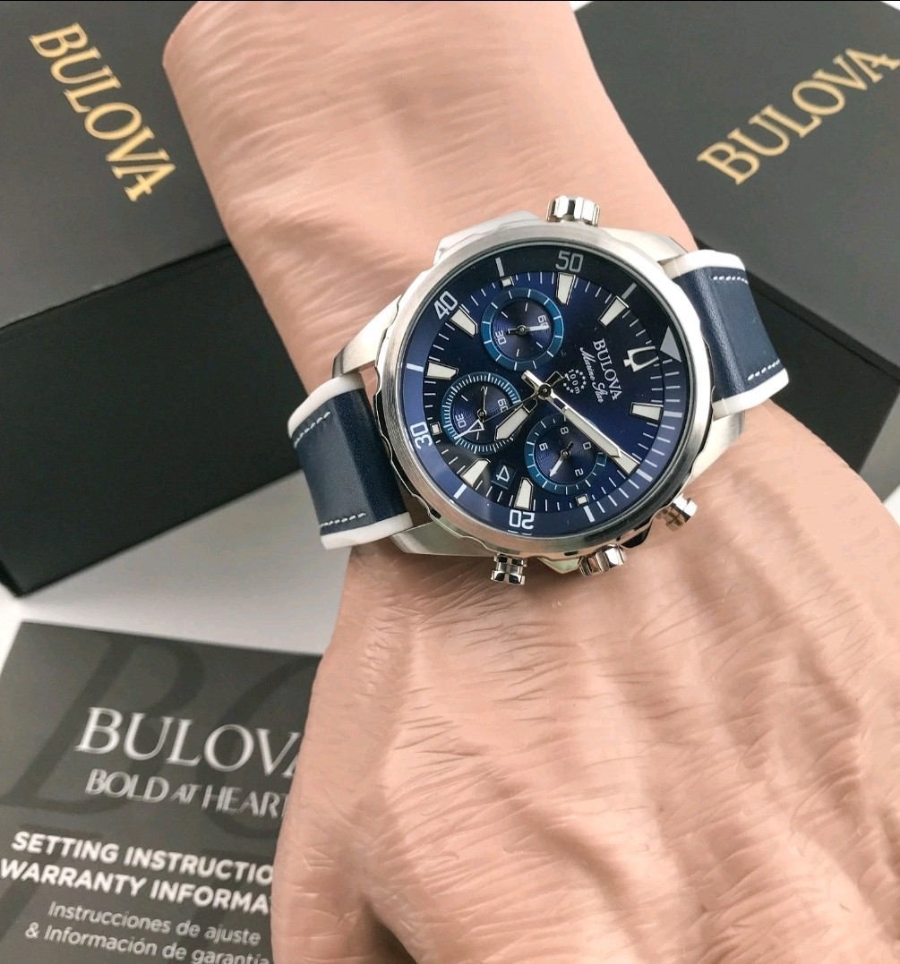 Bulova Men’s Marine Star 96b287 Chronograph Silicone Strap Blue Dial Watch 43mm