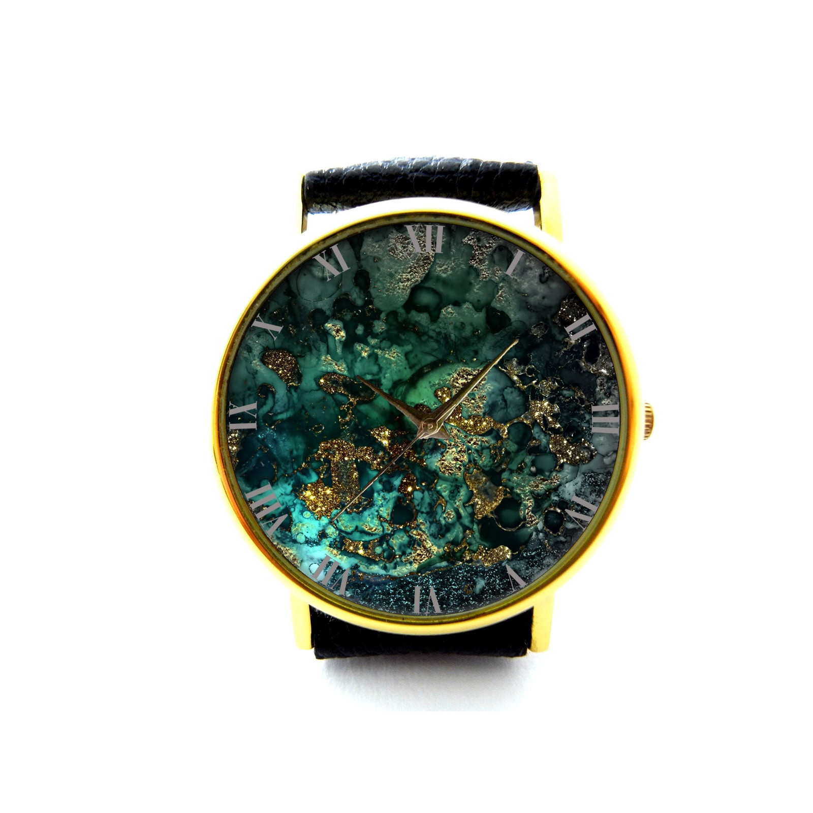 Dark Green Marble Leather Watch, Dark Green Marble Ladies Watch, Unisex Watch