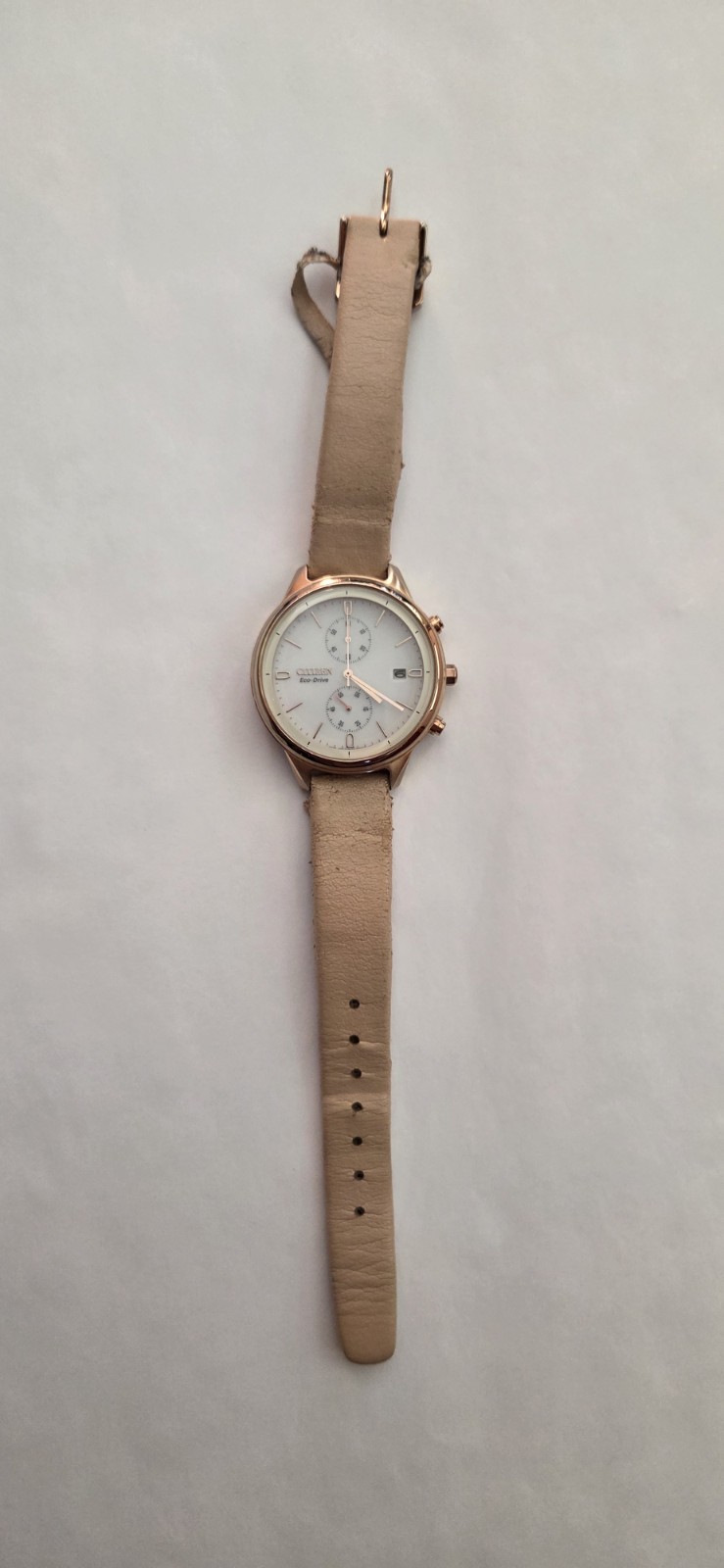 Citizen Eco-Drive Chronograph Date Watch White Dial Rose Gold Beige Leather