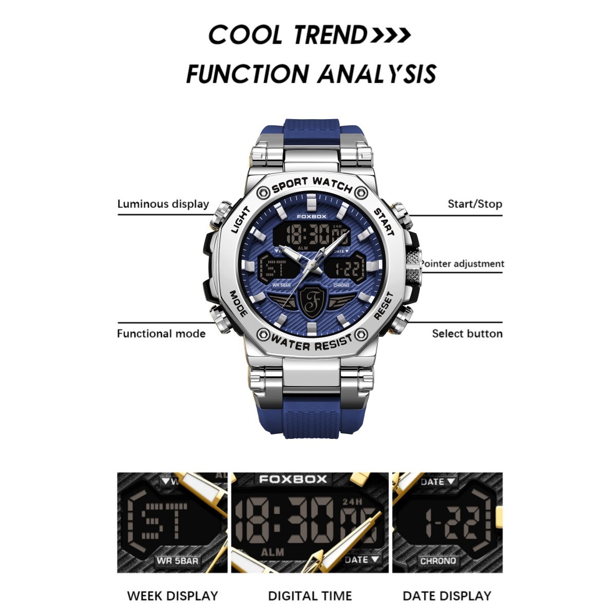 Men Quartz Watch Big Dial Luminous Date 5ATM Waterproof Sport Boy Man Wristwatch