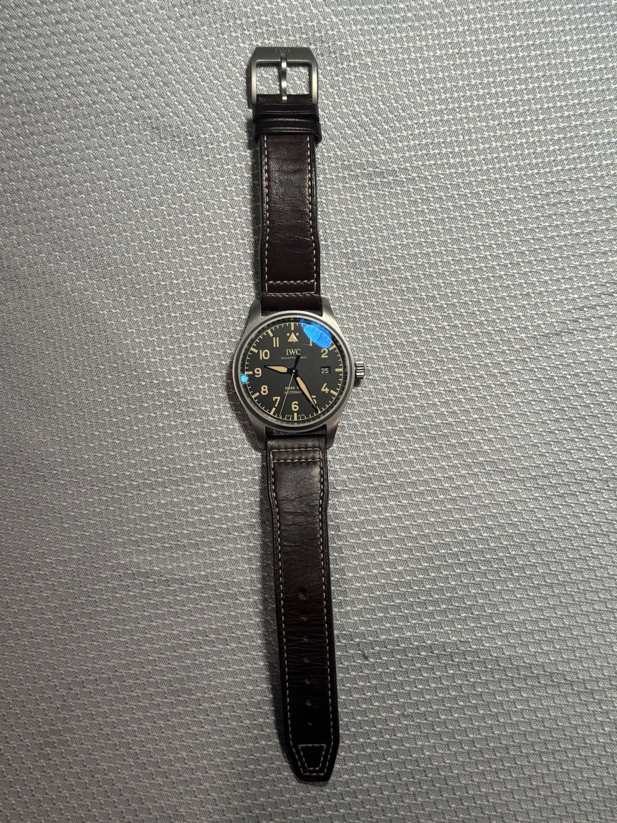 IWC Pilot’s Watch Mark XVIII Titanium Black Dial Date Brown Leather Strap