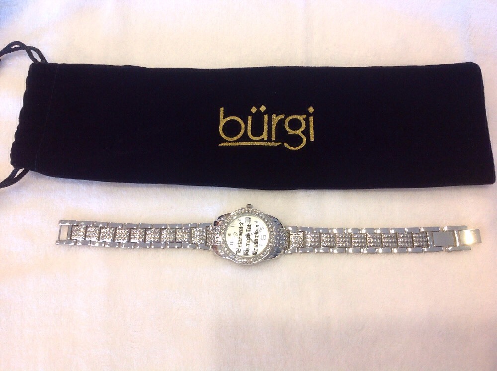 Women’s Burgi Watch, New, With Pouch, Silver-Tone W/ Crystals on Face, Quartz