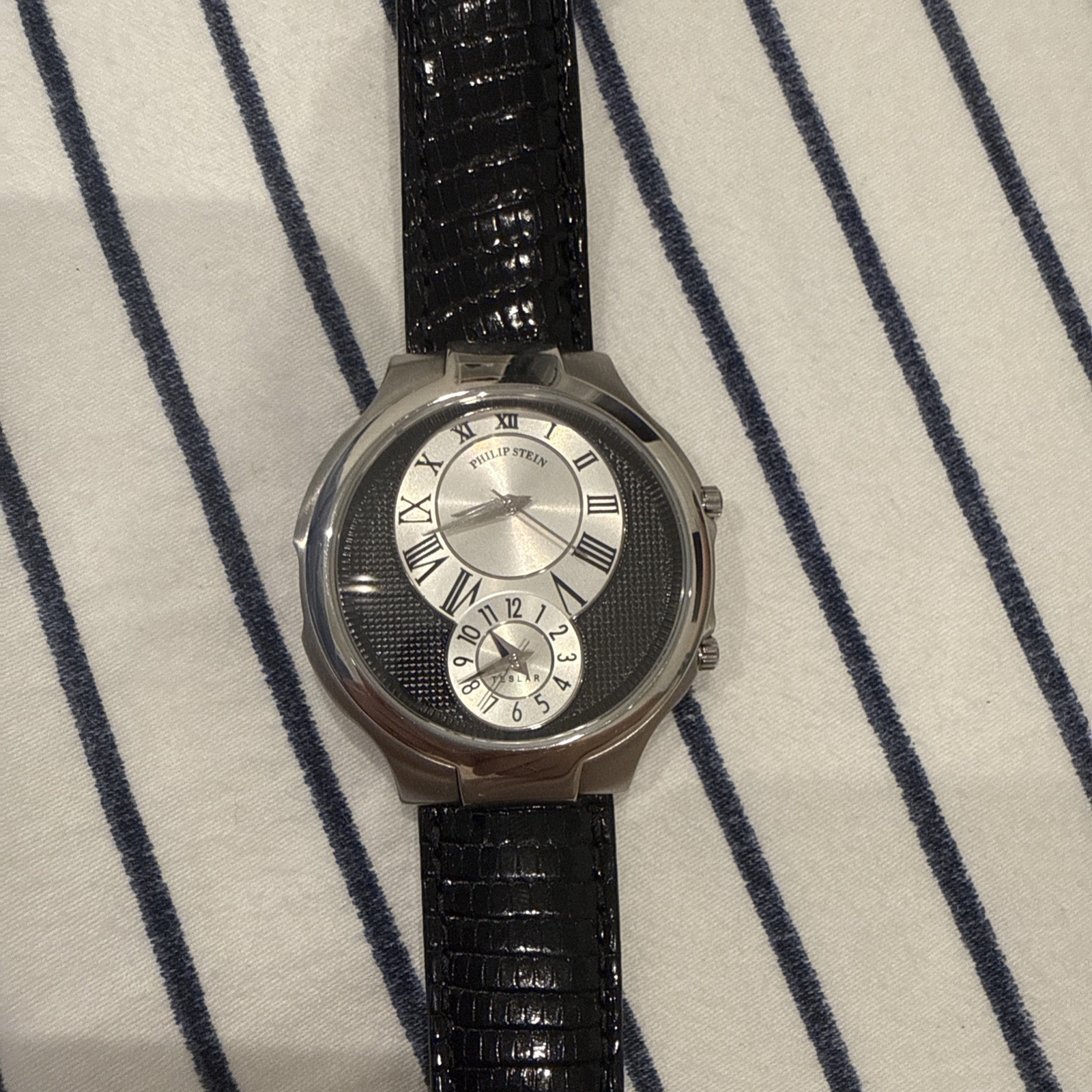Vintage Philip Stein 38mm Watch Quartz Dual Time Stainless Steel 7TF004655