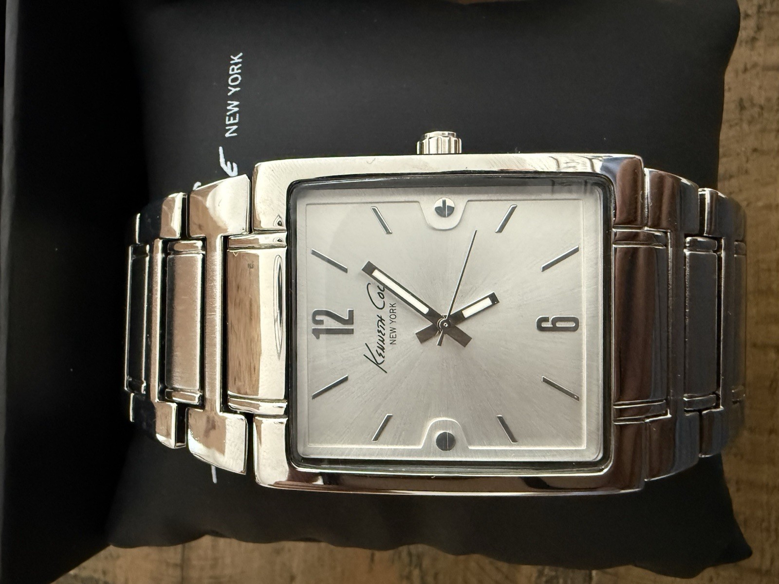 Kenneth Cole New York Rectangular Quartz Watch Silver Dial Steel Bracelet Box