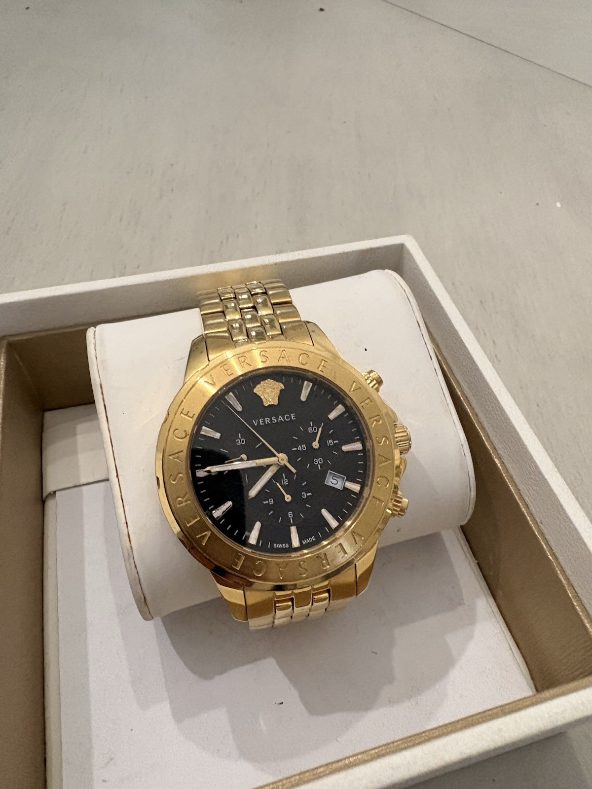 Versace Men’s Quartz Chronograph Date Black Dial Gold-Tone Bracelet Box Manual