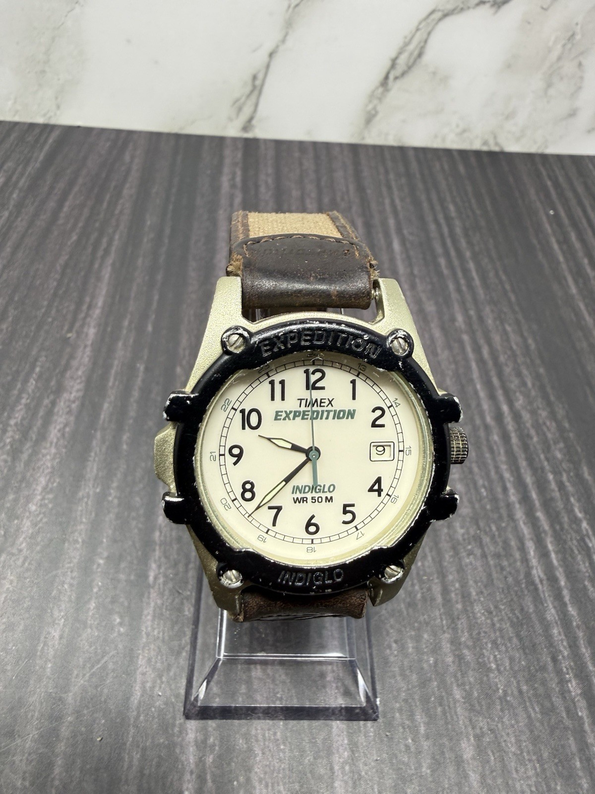 Timex Men Watch Silver Black Plastic Light Date 50m Beige Nylon Brown Quartz