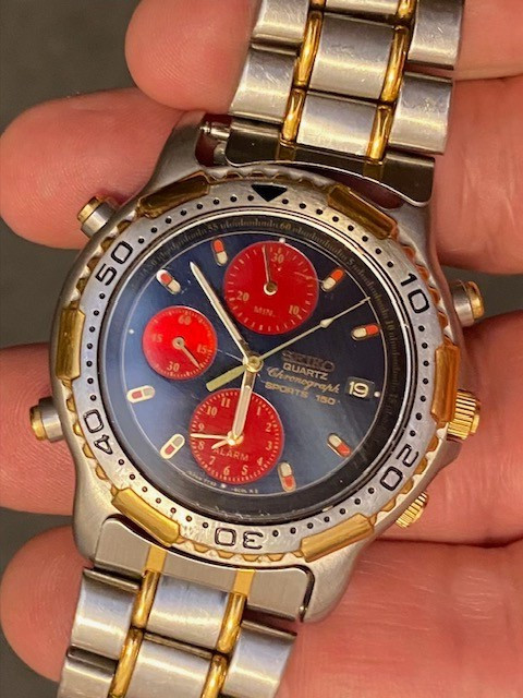 Seiko 7T32-6B89 World Timer Chronograph Quartz Red Blue Dial Men’s Watch