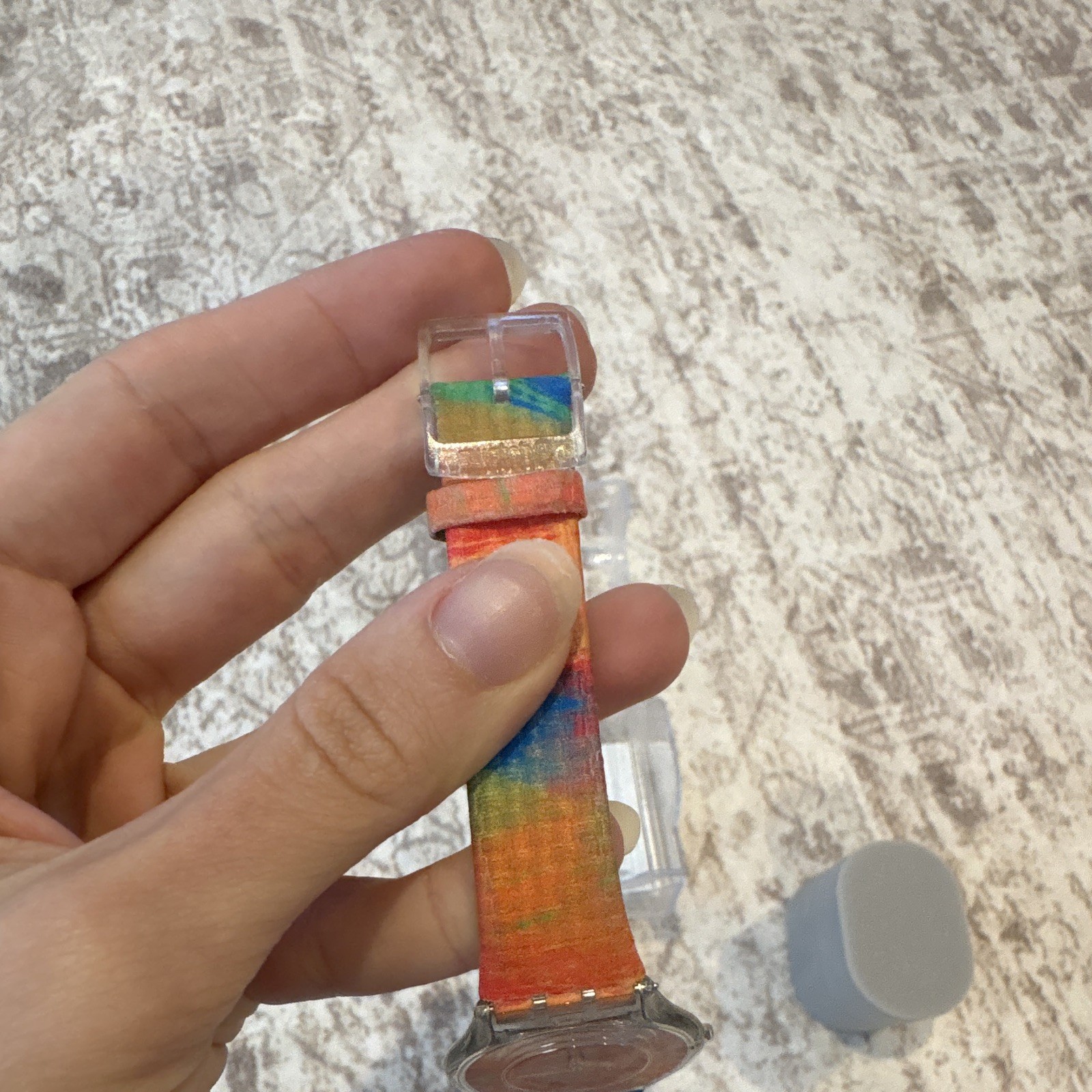 Swatch Quartz Analog Orange Dial Clear Plastic Case Multicolor Leather Strap