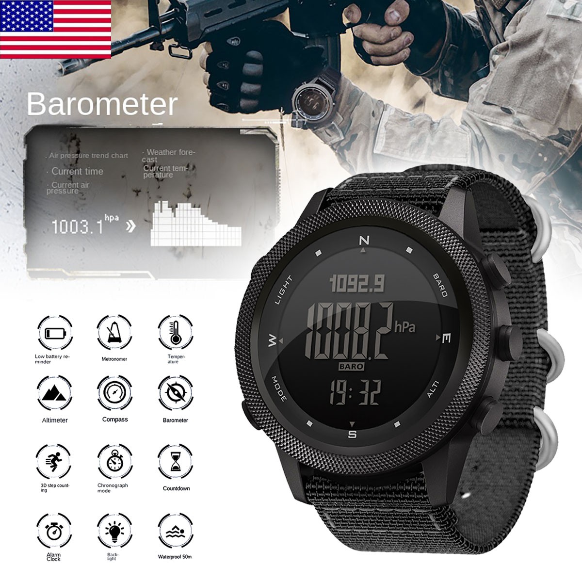 Men’s Outdoor Sport Tactical Smart Watch Altimeter Barometer Compass WristWatch`