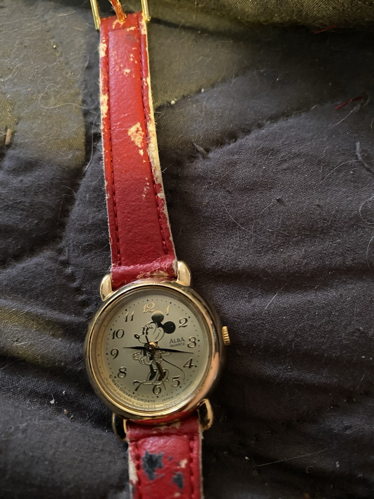 ALBA Mickey Mouse Quartz Analog Wristwatch Cartoon Dial Red Leather 25mm