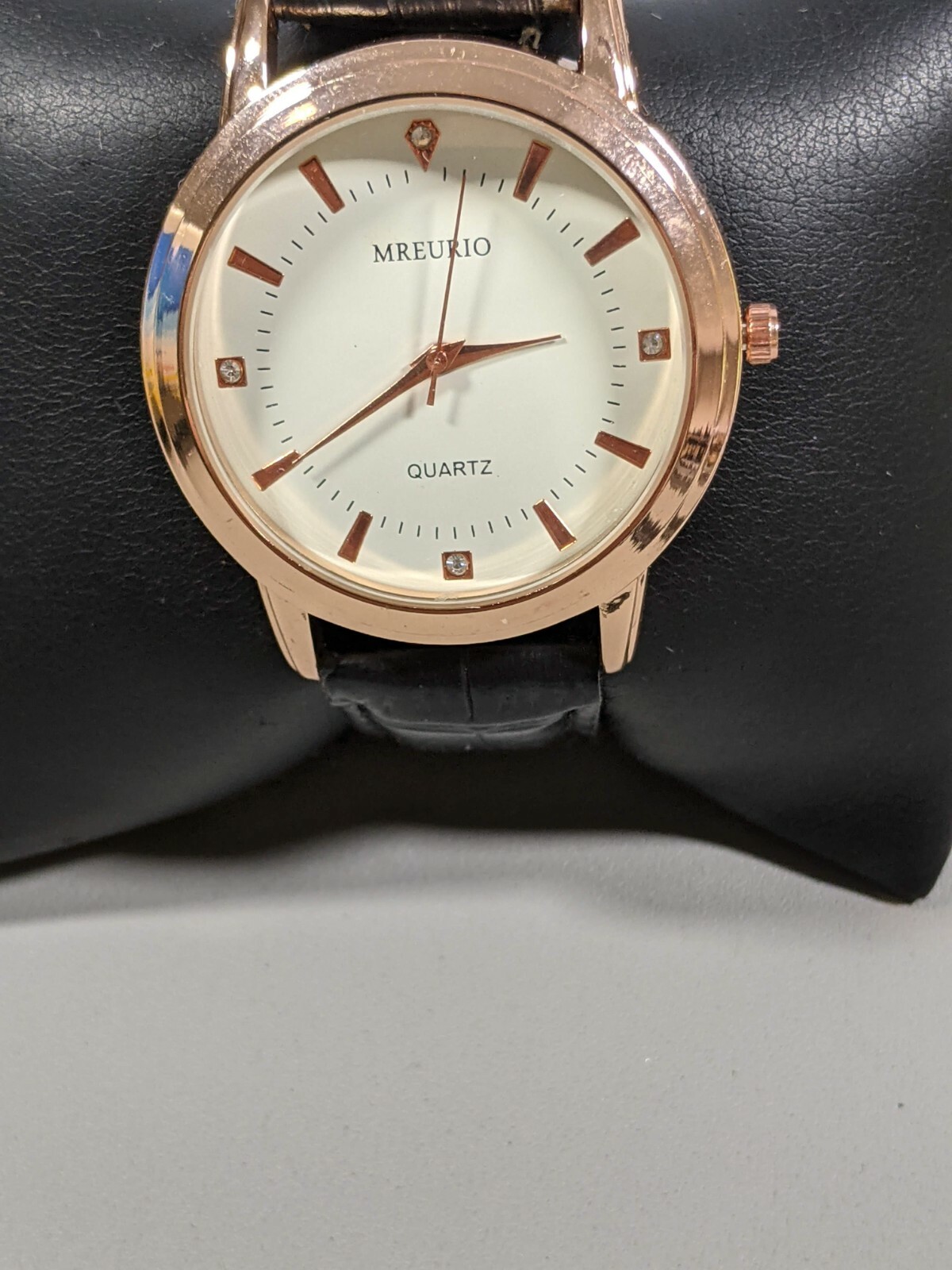 Mreurio White Dial Rose Gold Tone Round Case 40 mm Black Faux Leather Band Watch
