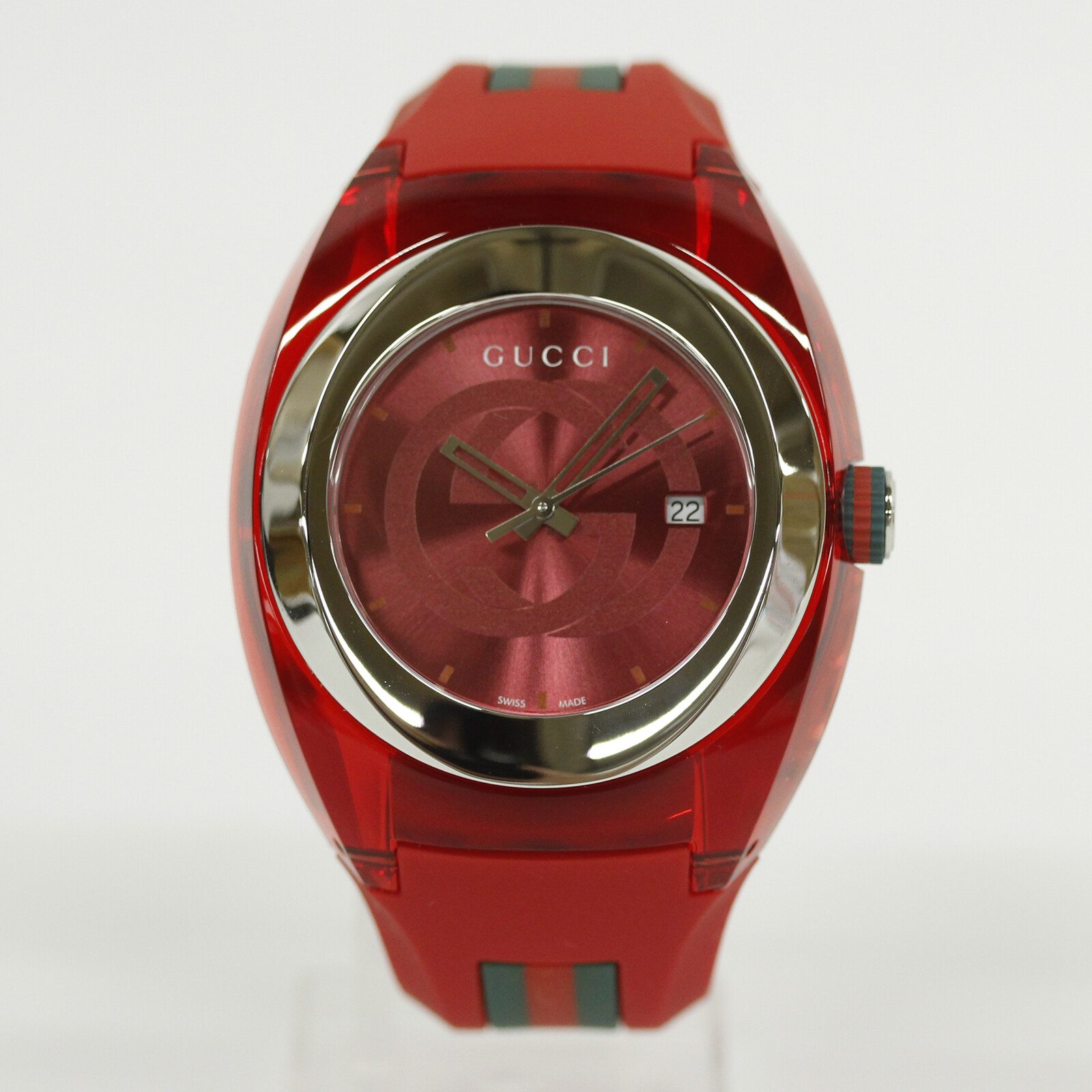 GUCCI SYNC YA137103A Analog Quartz Sapphire Crystal Red Red