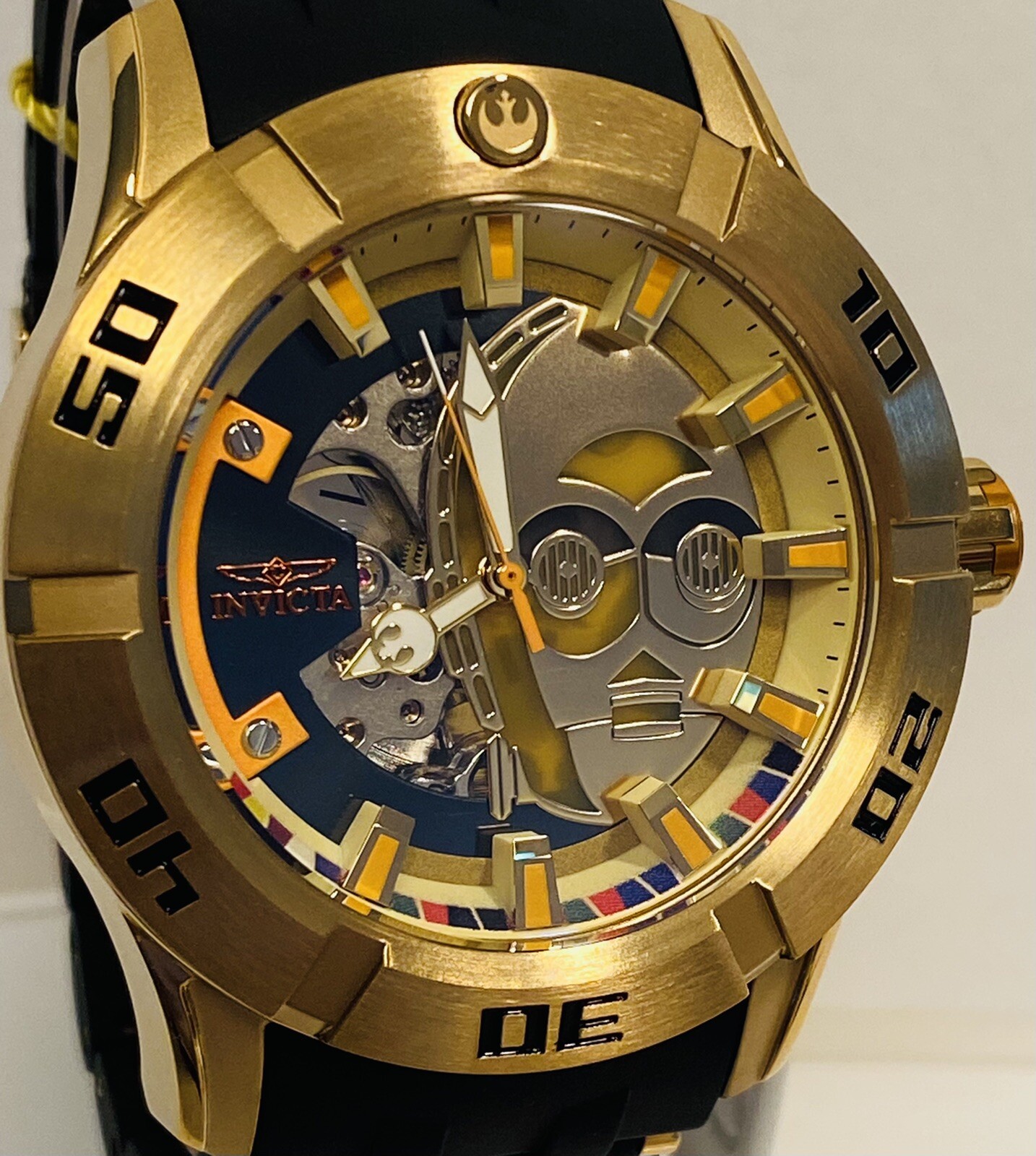 50mm C-3PO Auto Goldtn Bezel | Black Link-Bracelet LE#0199/1977 Invicta Watch