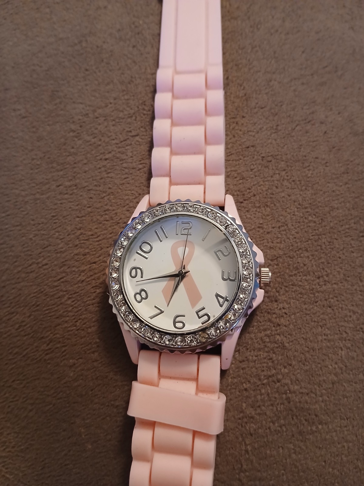 Breast Cancer Awareness Pink Ribbon Silver Tone Analog Watch Bedazzled Face