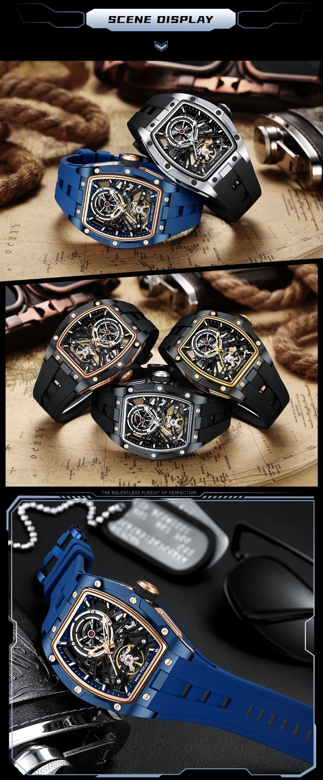 MINI FOCUS Men’s Tonneau Skeleton Flywheel Silicone Automatic Mechanical Watch