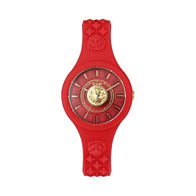 Versus Versace Quartz Analog Wristwatch Fire Island Lion Red Silicone Gold Dial