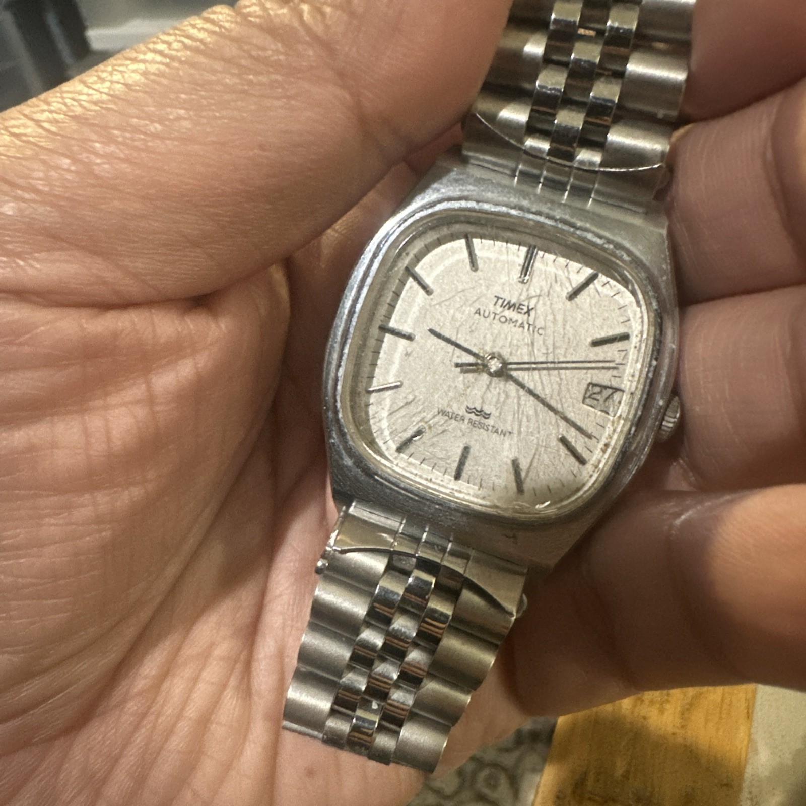 Working Vintage Timex Automatic Mens watch Silver Tone Steel 34mm Fit 7.5 Runs