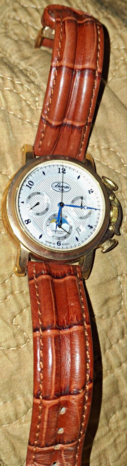 Buran Machanical Chronograph 25J Silver Dial Gold Case Brown Leather Strap 30m