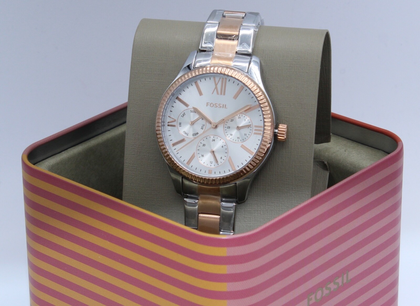 NEW AUTHENTIC FOSSIL RYE MULTIFUNCTION SILVER ROSE GOLD WOMEN’S BQ3761 WATCH