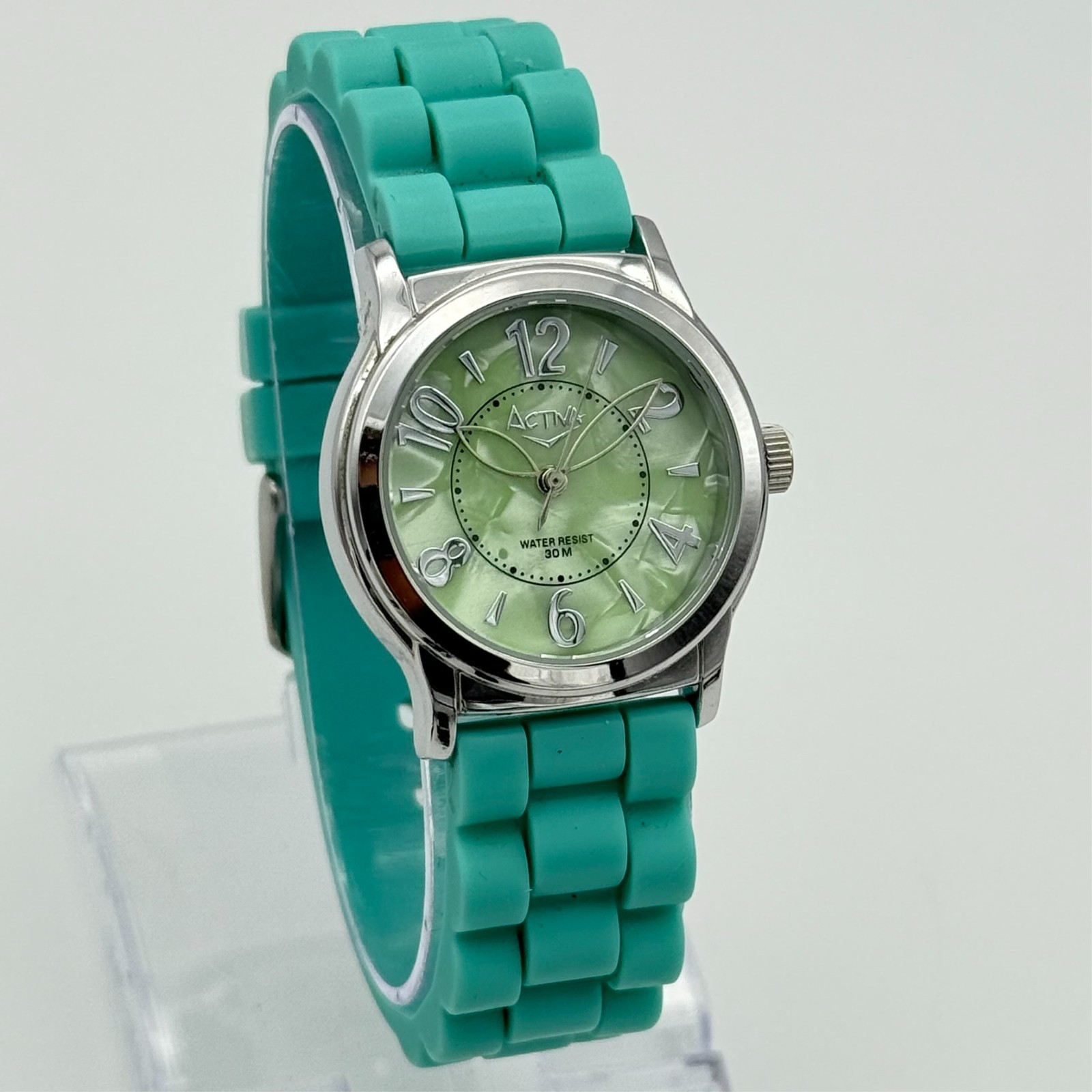 Women’s ACTIVA Silver Tone, Green MOP Dial 33mm Watch, Blue/Green Silicone Band