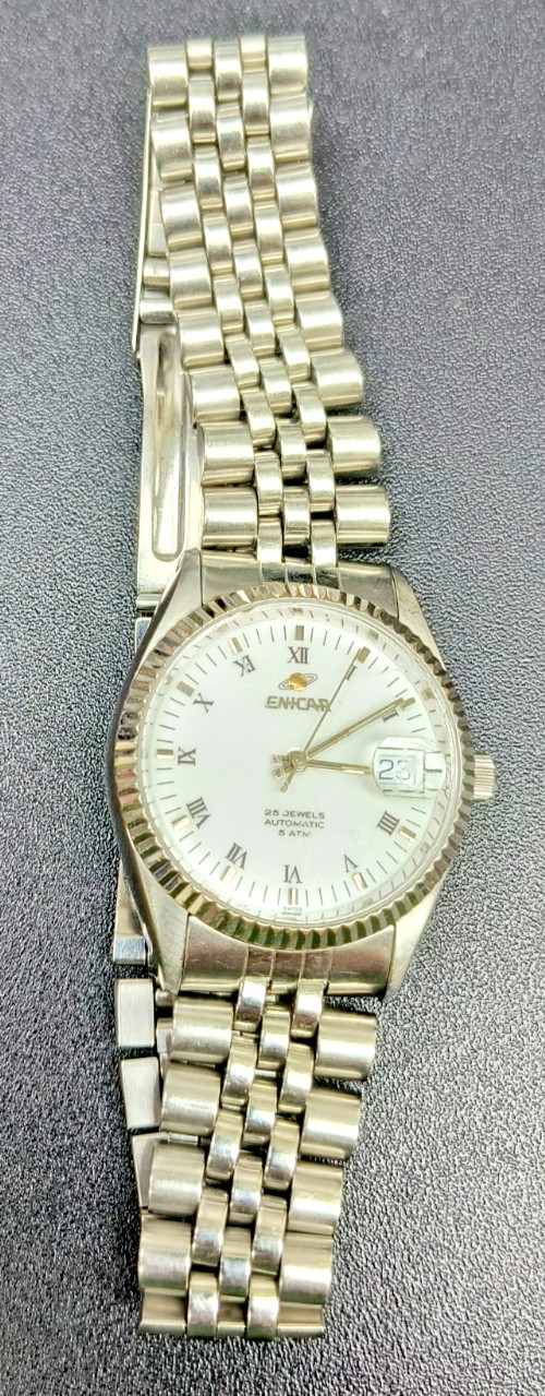 RARE ENICAR 25 Jewels Automatic White Dial Roman Index Watch Vintage Fair Scuffs