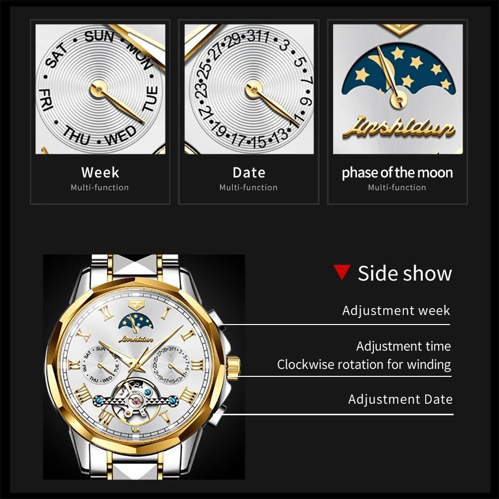 Automatic Mechanical Watch Waterproof Moon Phase Luxury Dial Men Men’s Strap