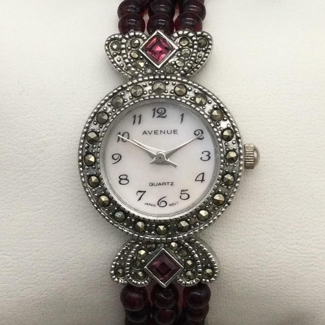 Avenue Womens Watch 22mm Red Bead Silver Tone Marcasite AS252R New Battery 8.25″