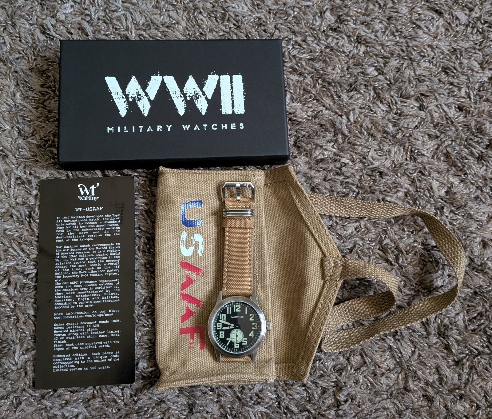 Wartime WW2 USAAF Swiss-Quartz Movement Canvas Strap 42MM Watch NEW